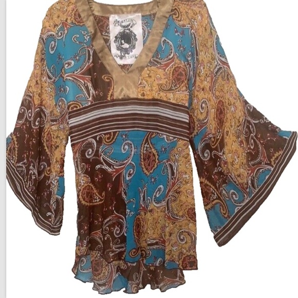 Y2K ANTHROPOLOGIE SUGAR LIPS SHEER PAISLEY BLOUSE TOP BLOUSE BELL SLEEVES BOHO - Picture 2 of 13